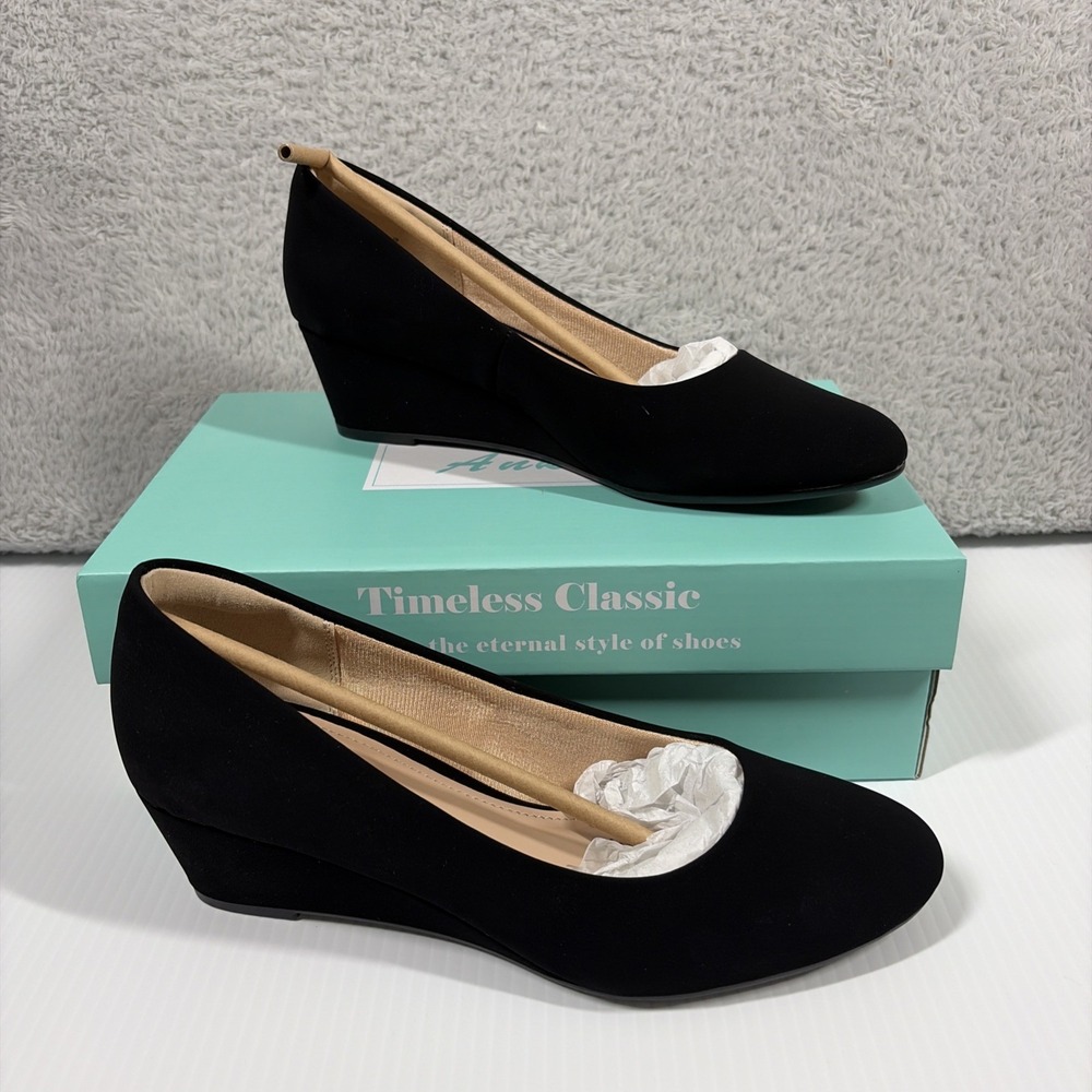 Ankis 2" Pump Heel Closed Tow Wedge Low Heel Dress Shoe 7 Black New in Box